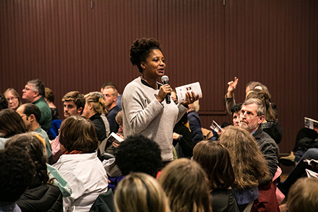 Tracy K. Smith engages the crowd in conversation about poems in 'American Journal' at the Lewiston Public Library in Lewiston, ME. November 1, 2018. Credit: Erik Peterson.