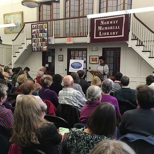 Tracy K. Smith reads and discusses poems from 'American Journal' at the Norway Memorial Library in Norway, ME. November 1, 2018. Credit: Jan Bindas-Tenney.