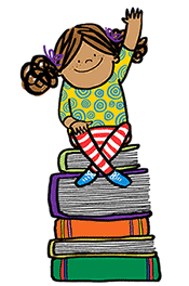 Drawing of Catalina Neon, sitting on a stack of books.