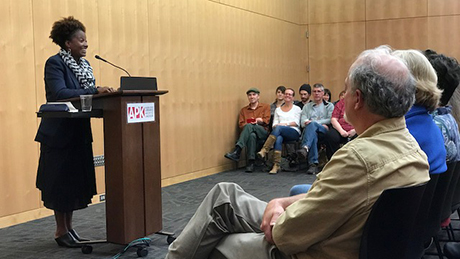 A crowd gathers to hear Tracy K. Smith read from and discuss 'American Journal' at the APK State Library, Archives & Museum in Juneau, Alaska. August 29, 2018. Credit: Mary Lou Gerbi.