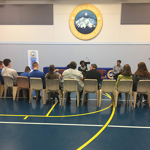 Tracy K. Smith speaks to a private gathering at the Johnson Youth Center in Juneau, Alaska. August 29, 2018. Credit: Jo Dahl.