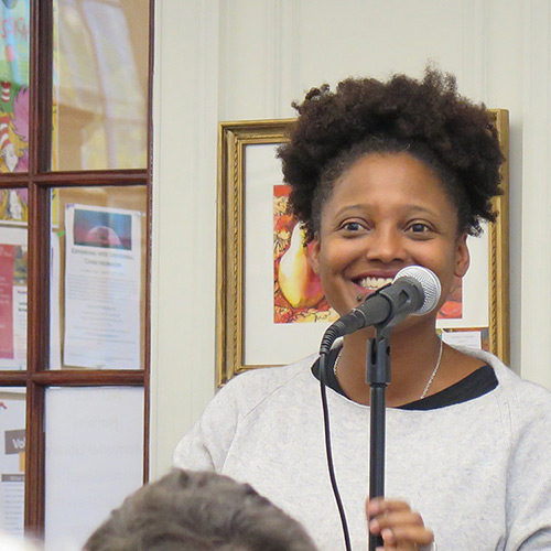 Tracy K. Smith engages the crowd in conversation about poems in 'American Journal' at the Norway Memorial Library in Norway, ME. November 1, 2018. Credit: Peter Herley.
