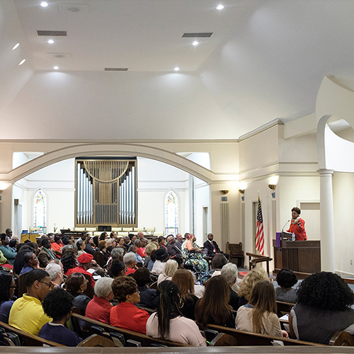 Poet Laureate Tracy K. Smith conducts a reading and discussion at the Lake City United Methodist Church in Lake City, South Carolina. February 23, 2018. Credit: Shawn Miller.