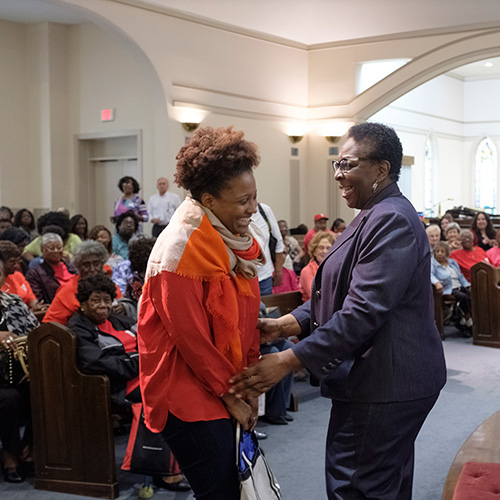 Tracy K. Smith greets community members at the Lake City United Methodist Church in Lake City, South Carolina. February 23, 2018. Credit: Shawn Miller.