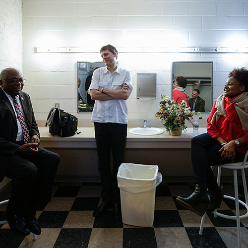U.S. Congressman James E. Clyburn joins Poetry and Literature Center Head Rob Casper and Poet Laureate Tracy K. Smith backstage before a reading and discussion at Summerton High School in Summerton, South Carolina. February 23, 2018. Credit: Shawn Miller.