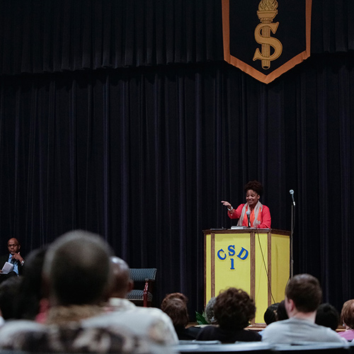 Tracy K. Smith conducts a reading and discussion at Summerton High School in Summerton, South Carolina. February 23, 2018. Credit: Shawn Miller.