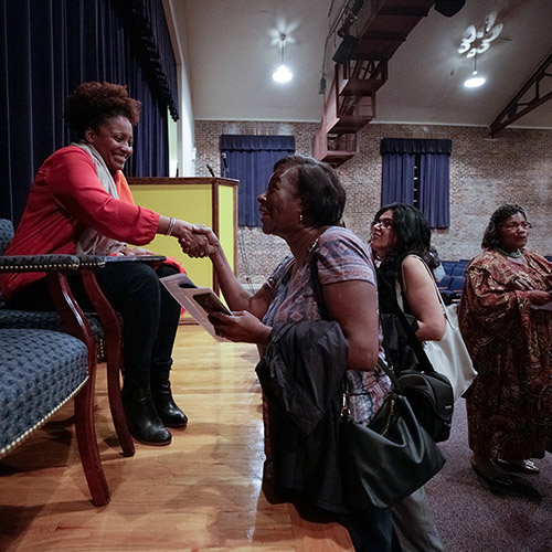 Tracy K. Smith greets community members at Summerton High School in Summerton, South Carolina. February 23, 2018. Credit: Shawn Miller.