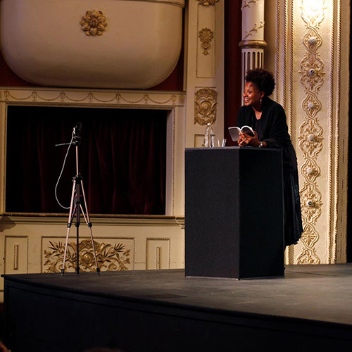 Tracy K. Smith reads from and discusses 'American Journal' to a packed auditorium at the Matthews Opera House and Arts Center in Spearfish, SD. October 5, 2018. Credit: Ryan Woodard.