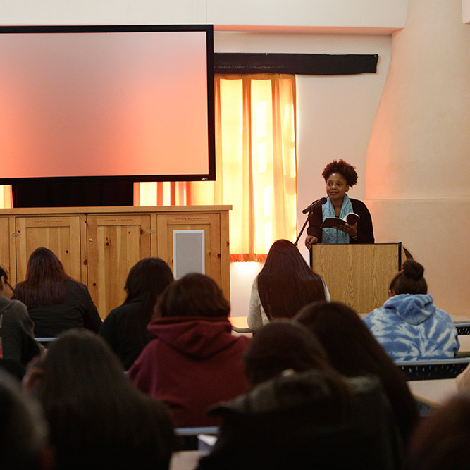 Tracy K. Smith meets with students and takes a tour of campus at the Santa Fe Indian School. January 12, 2018. Credit: Shawn Miller.