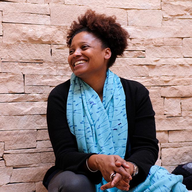 Tracy K. Smith in front of Santa Fe Indian School. January 12, 2018. Credit: Shawn Miller.