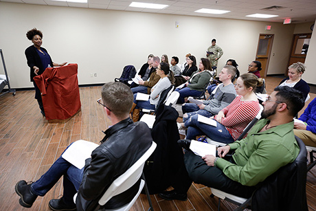 Tracy K. Smith conducts a reading and discussion with service members at Cannon Air Force Base near Clovis, New Mexico. January 11, 2018. Credit: Shawn Miller.