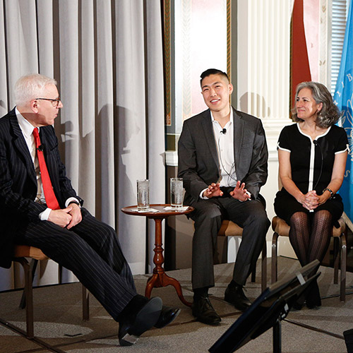 David M. Rubenstein (left) talks with Allister Chang (Libraries Without Borders), Sarah Walzer (Parent-Child Home Program) and Noel Gunther (WETA Reading Rockets), representatives from the winners of the 2016 Library of Congress Literacy Awards.
