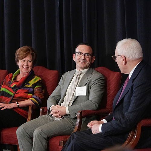 David M. Rubenstein interviews (right to left) Joel Zarrow from the Children's Literacy Initiative, Sharon Darling from the National Center for Families Learning and R. Sriram from Pratham Books, whose organizations are winners of the 2017 Library of Congress Literacy Awards.