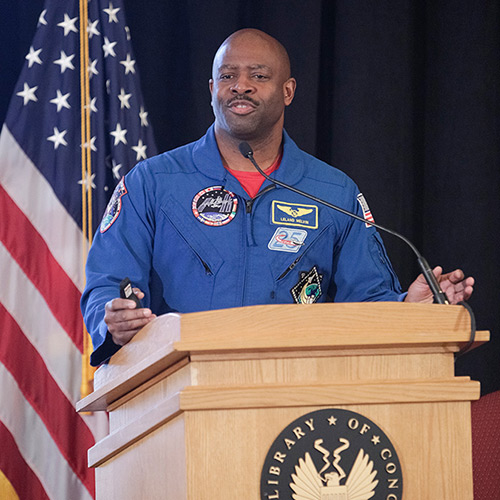 Leland Melvin delivers the keynote address at the 2017 Library of Congress Literacy Awards Celebration.