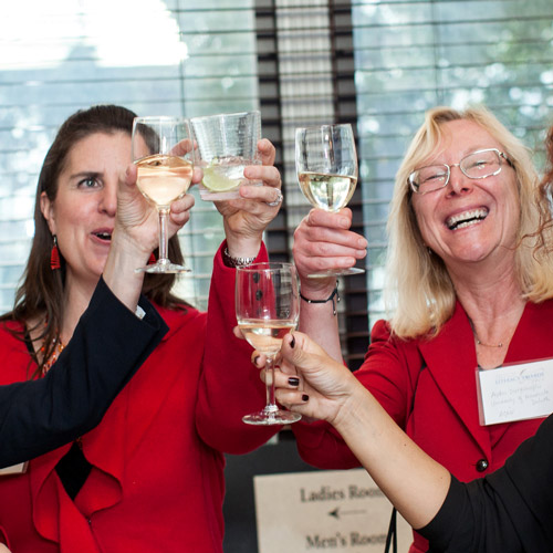 Representatives of the winning organizations participate in a toast; left to right: Chris Otis from American Prize winner SMART (Oregon, U.S.), Erin Ganju from Rubenstein Prize winner Room to Read (California, U.S.), and Aydin Durgunuglu and Nalan Yalcin from International Prize winner AÇEV (Turkey).